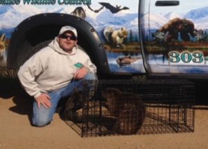 Man sitting next to a cage with beaver inside