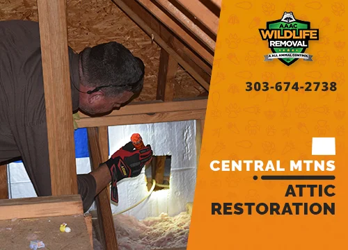 Wildlife Pest Control operator inspecting an attic in Central Mountains before restoration